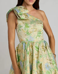 Green One Shoulder Brocade Midi Dress With Bow Detail