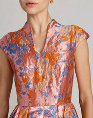 Pink Brocade Cap Sleeve Ball Gown