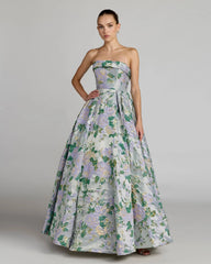 Blue Multicolor Floral Strapless Brocade Ball Gown