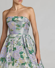 Blue Multicolor Floral Strapless Brocade Ball Gown