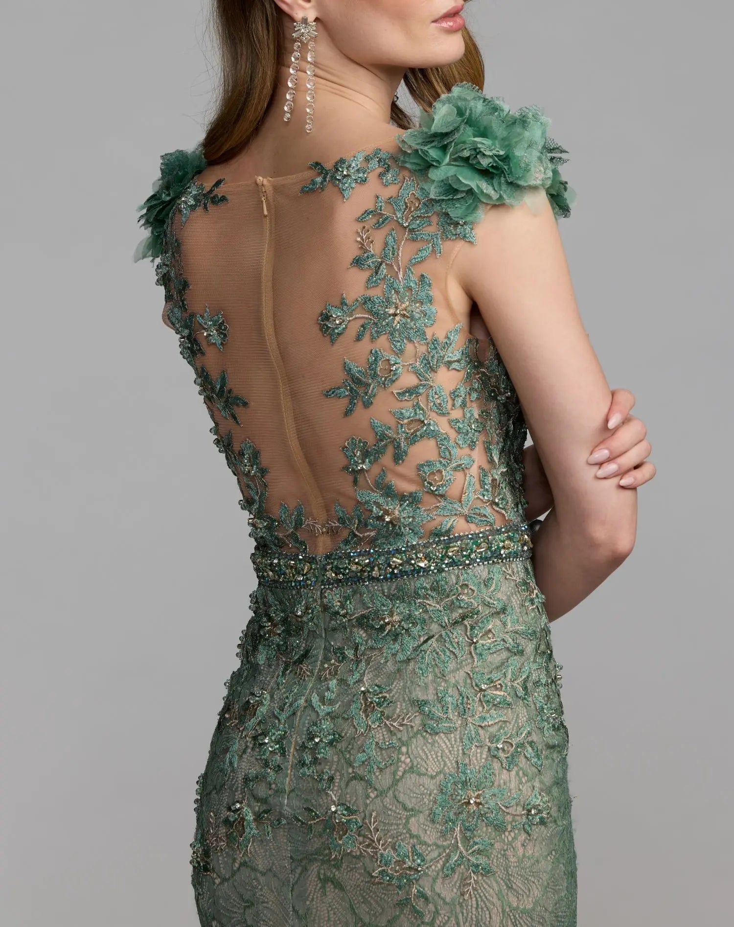 Green Embellished Lace Illusion Neck Gown With 3D Flowers
