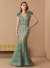 Green Embellished Lace Illusion Neck Gown With 3D Flowers