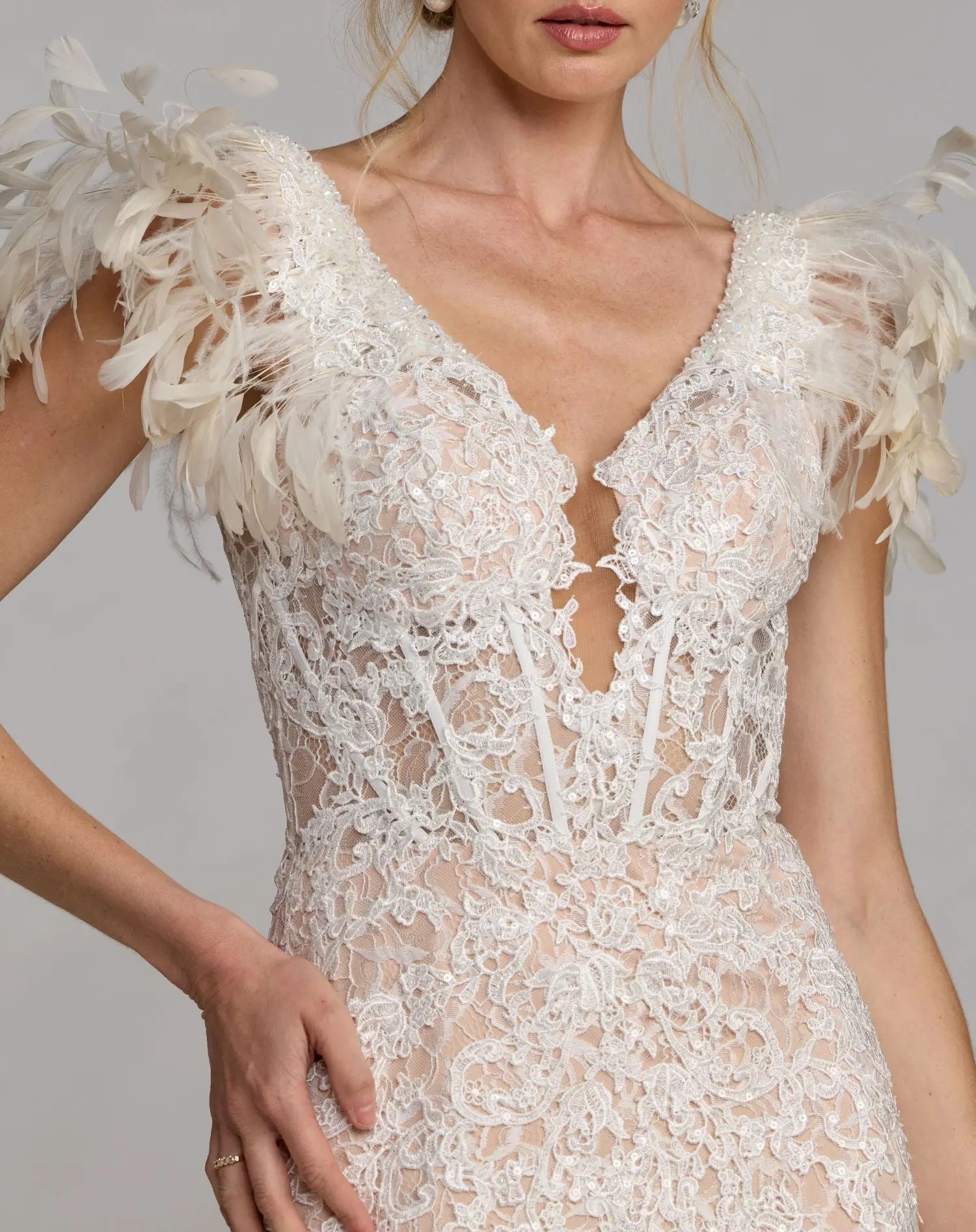 Ivory Embroidered Lace Mermaid Gown With Feather Sleeves