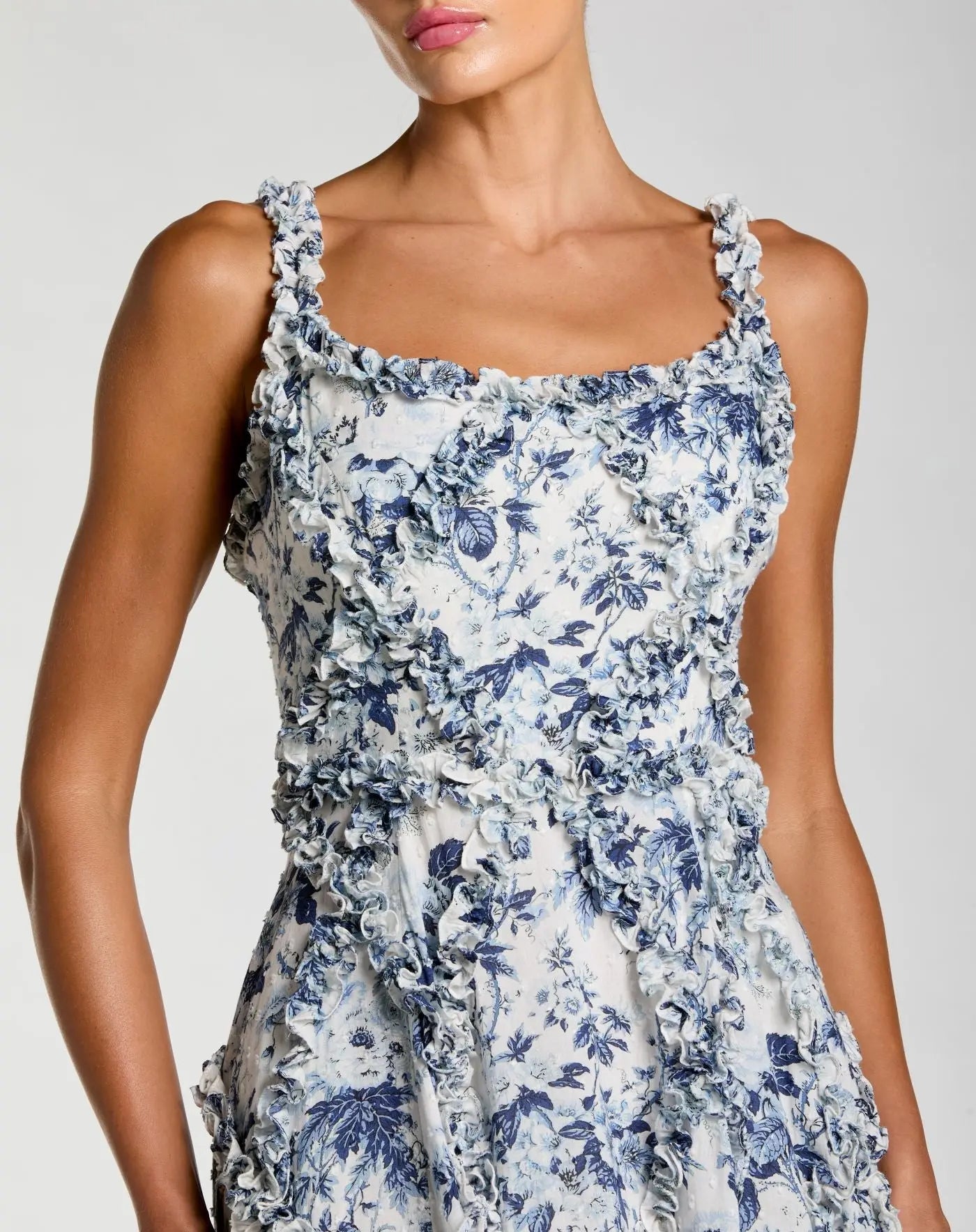 Blue and White Ruffle Scoop Neck Floral A-Line Dress