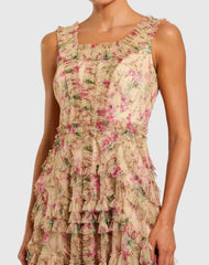 Beige Floral Printed Sleeveless Ruffle Midi Dress