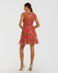 Orange Multicolor Micro Ruffle Floral A-Line Mini Dress