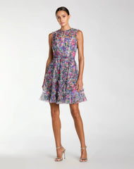 Purple Multicolor Micro Ruffle Floral A-Line Mini Dress