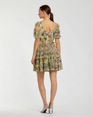 Multicolor Floral Puff Sleeve Ruffle Mini Dress