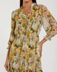 Yellow Floral V Neck Ruffle Midi Dress With 3/4 Sleeves