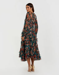 Teal Long Sleeve Floral Midi Dress With Ruffles