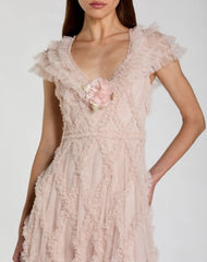 Micro Ruffle Cap Sleeve A-Line Midi Dress
