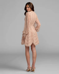 Beige Long Sleeve Micro Ruffle V Neck Mini Dress