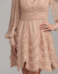 Beige Long Sleeve Micro Ruffle V Neck Mini Dress