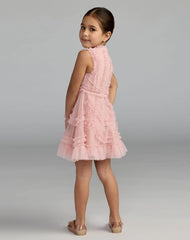 Girls Pink High Neck Sleeveless Micro Ruffle Mini Dress