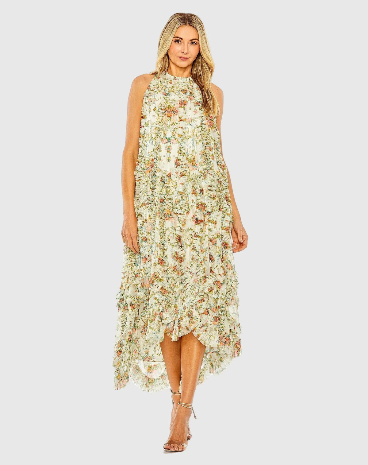 Ivory Sleeveless High Neck Ruffle Floral Dress