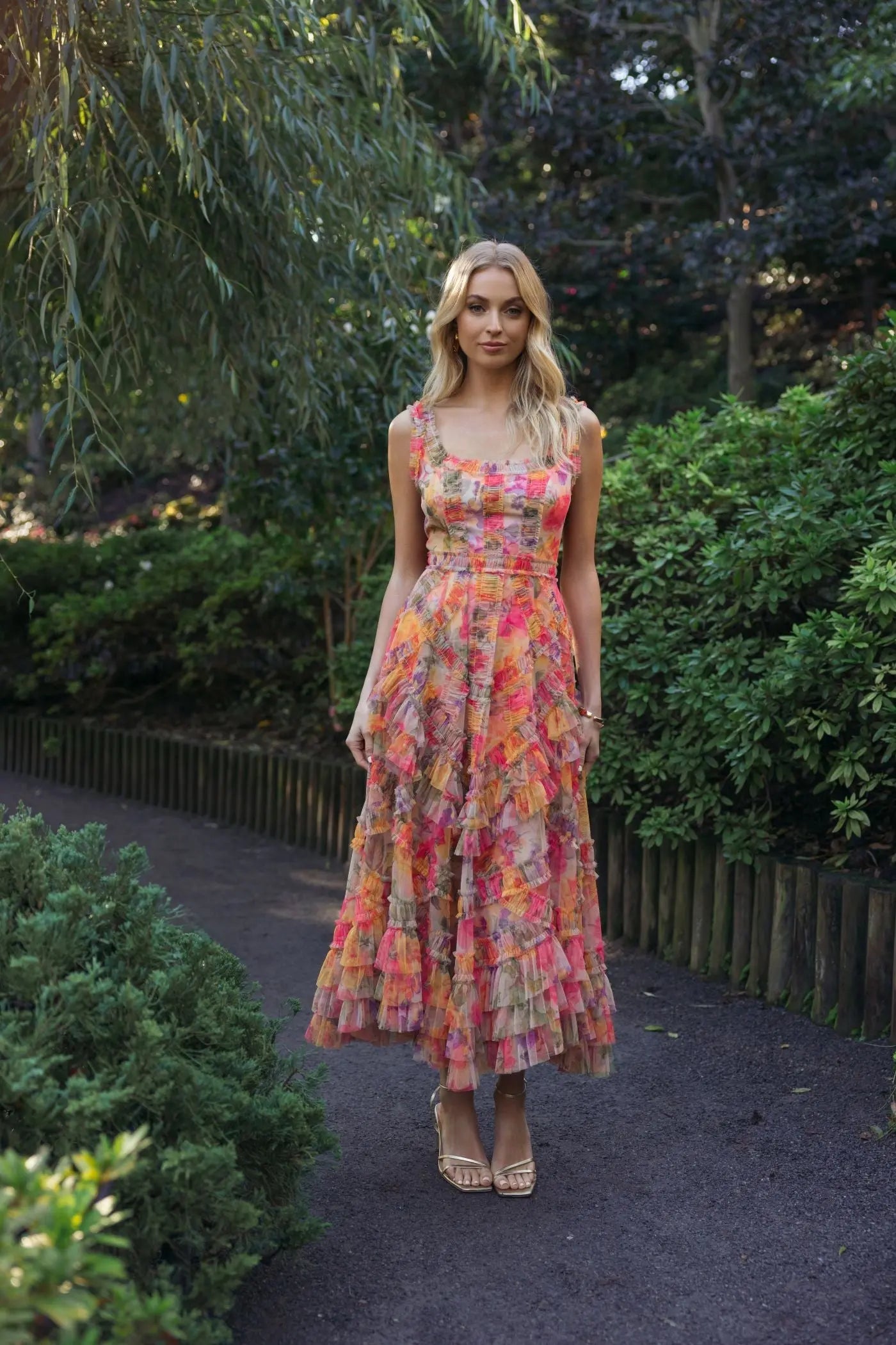 Multicolor Floral Scoop Neck A-Line Ruffle Midi Dress