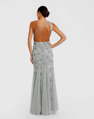 Green Open Back One Shoulder Embellished Trumpet Gown