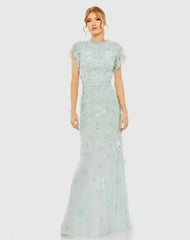 Floral Embellished High Neck Flutter Sleeve Gown
