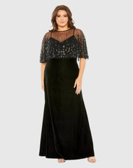 Black Velvet Trumpet Gown With Embellished Cape (Plus)