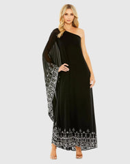 Black One Shoulder Embellished Trapeze Gown - FINAL SALE