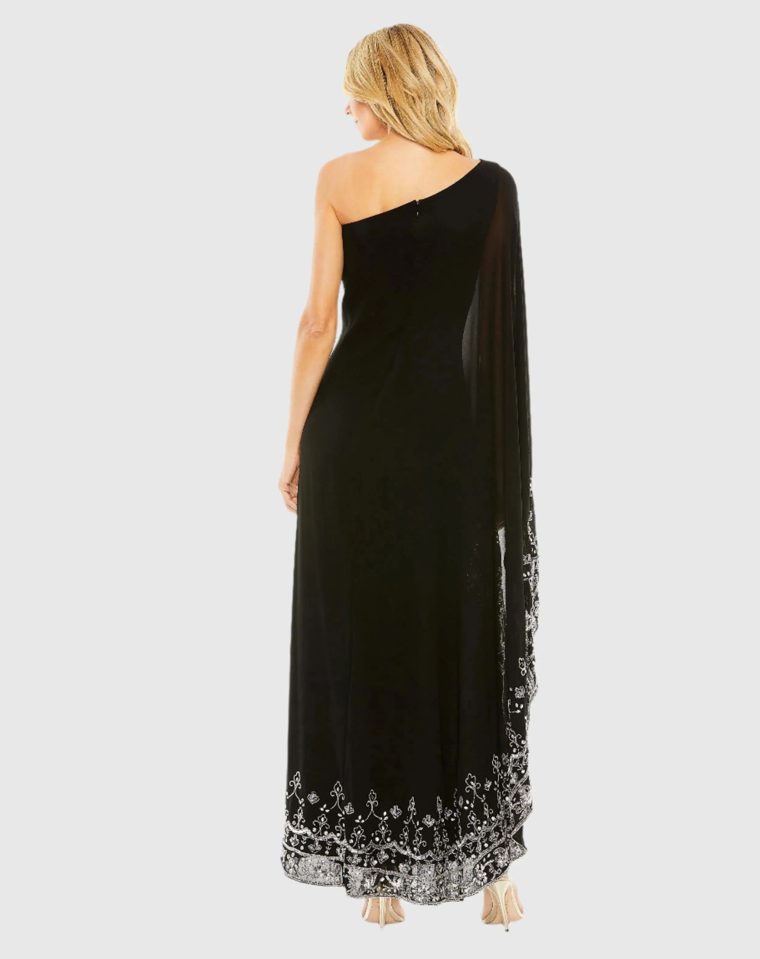 Black One Shoulder Embellished Trapeze Gown - FINAL SALE