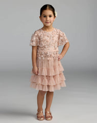 Girls Pink Embellished Flutter Sleeve Ruffle Dress