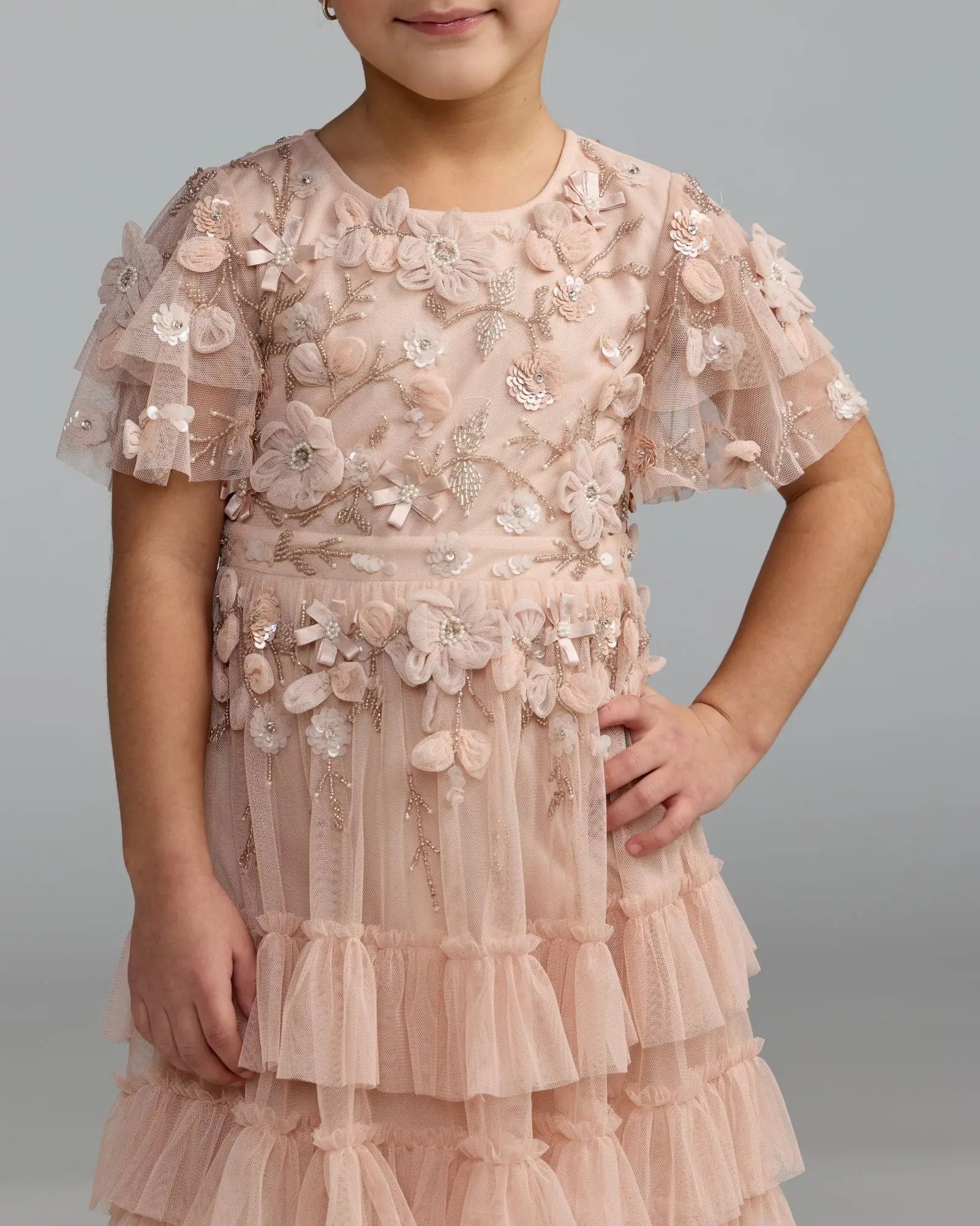 Girls Pink Embellished Flutter Sleeve Ruffle Dress