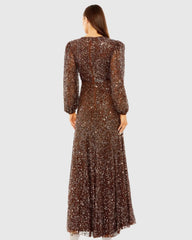Brown Sheer Long Sleeve Embellished Gown