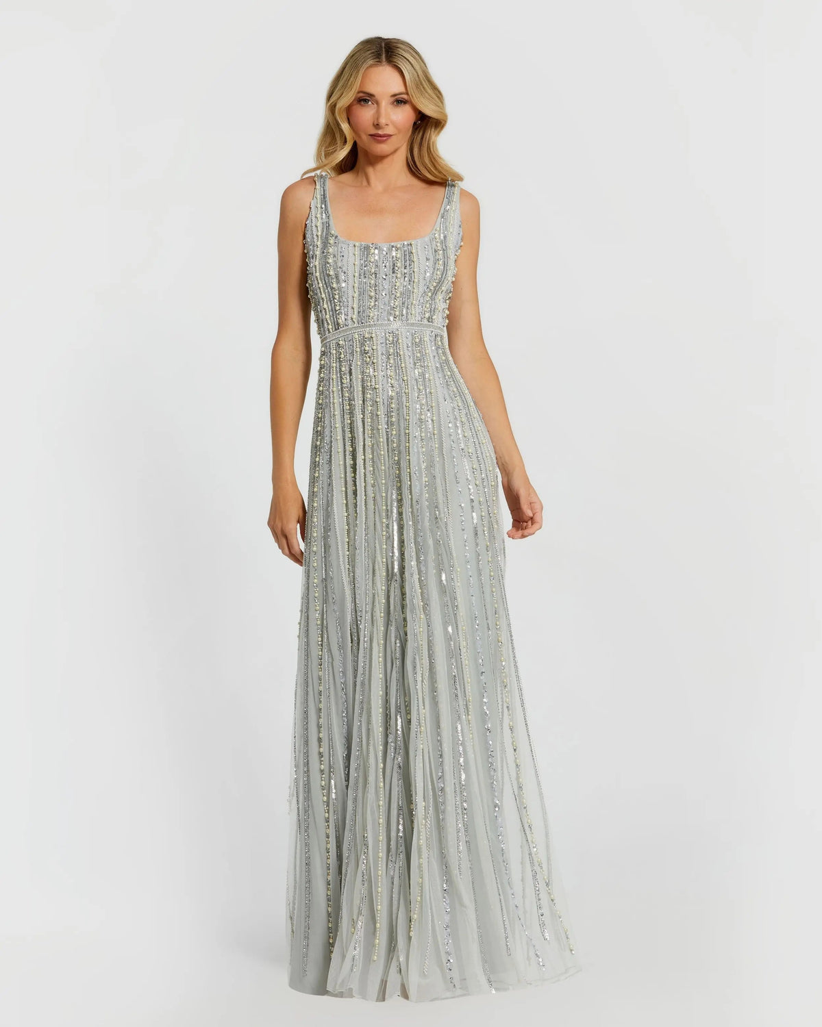 Scoop Neck A-Line Gown With Striped Beading