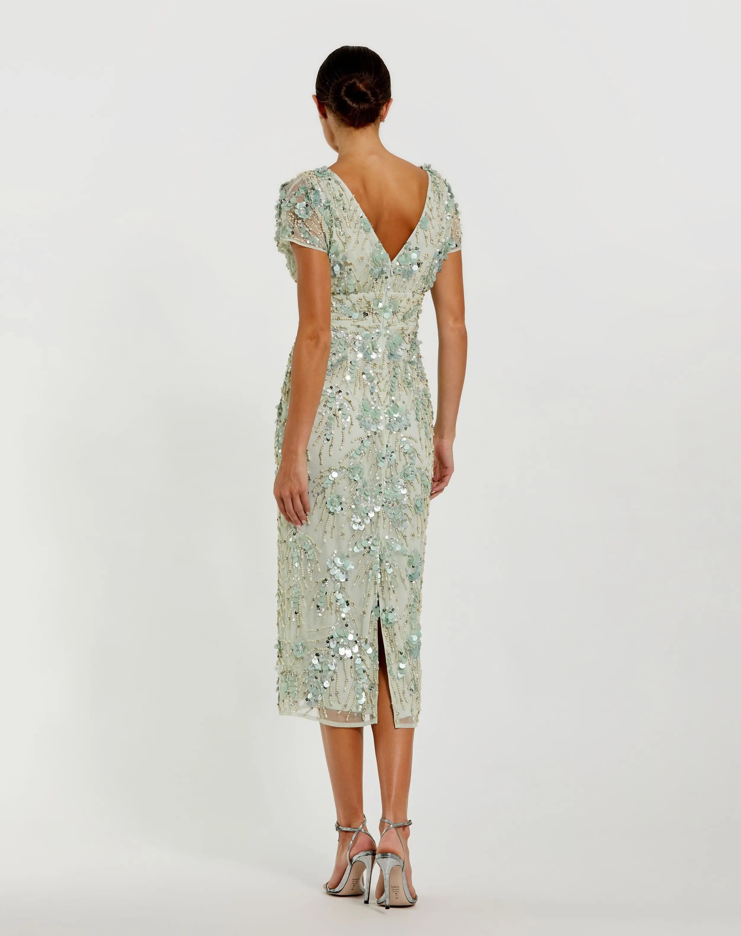 Green Embellished Cap Sleeve Midi Dress