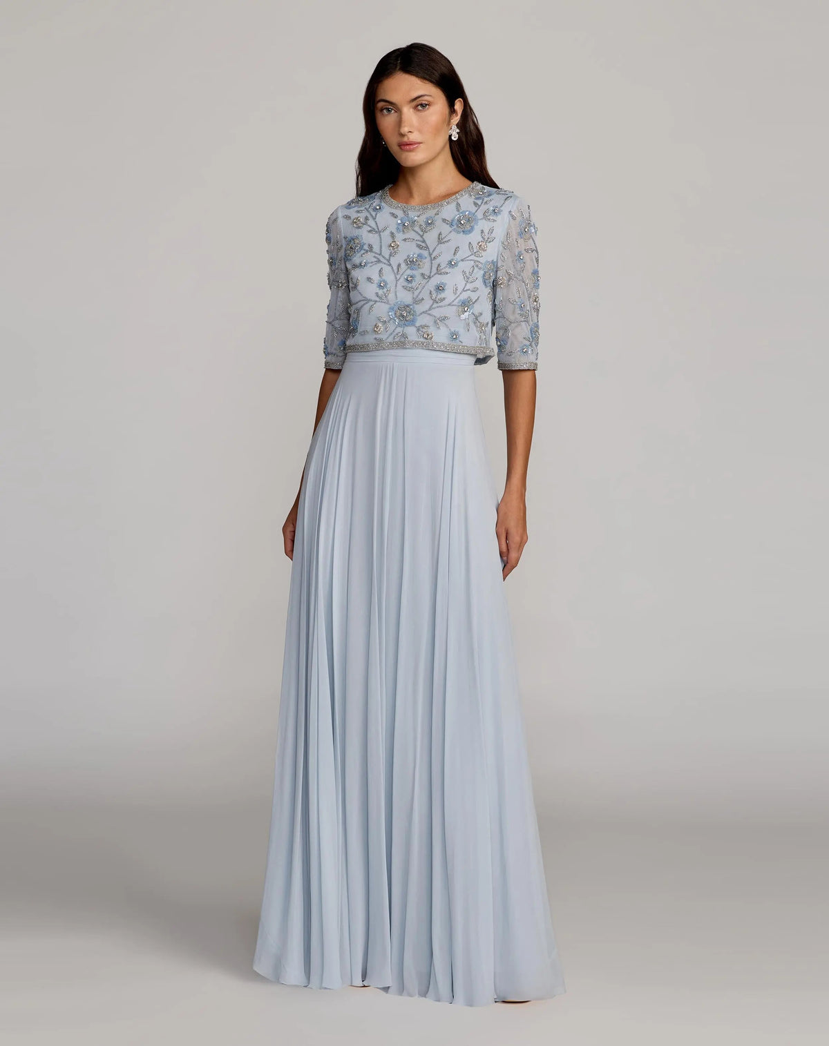 Blue High Neck Embellished Top With Chiffon Skirt Gown