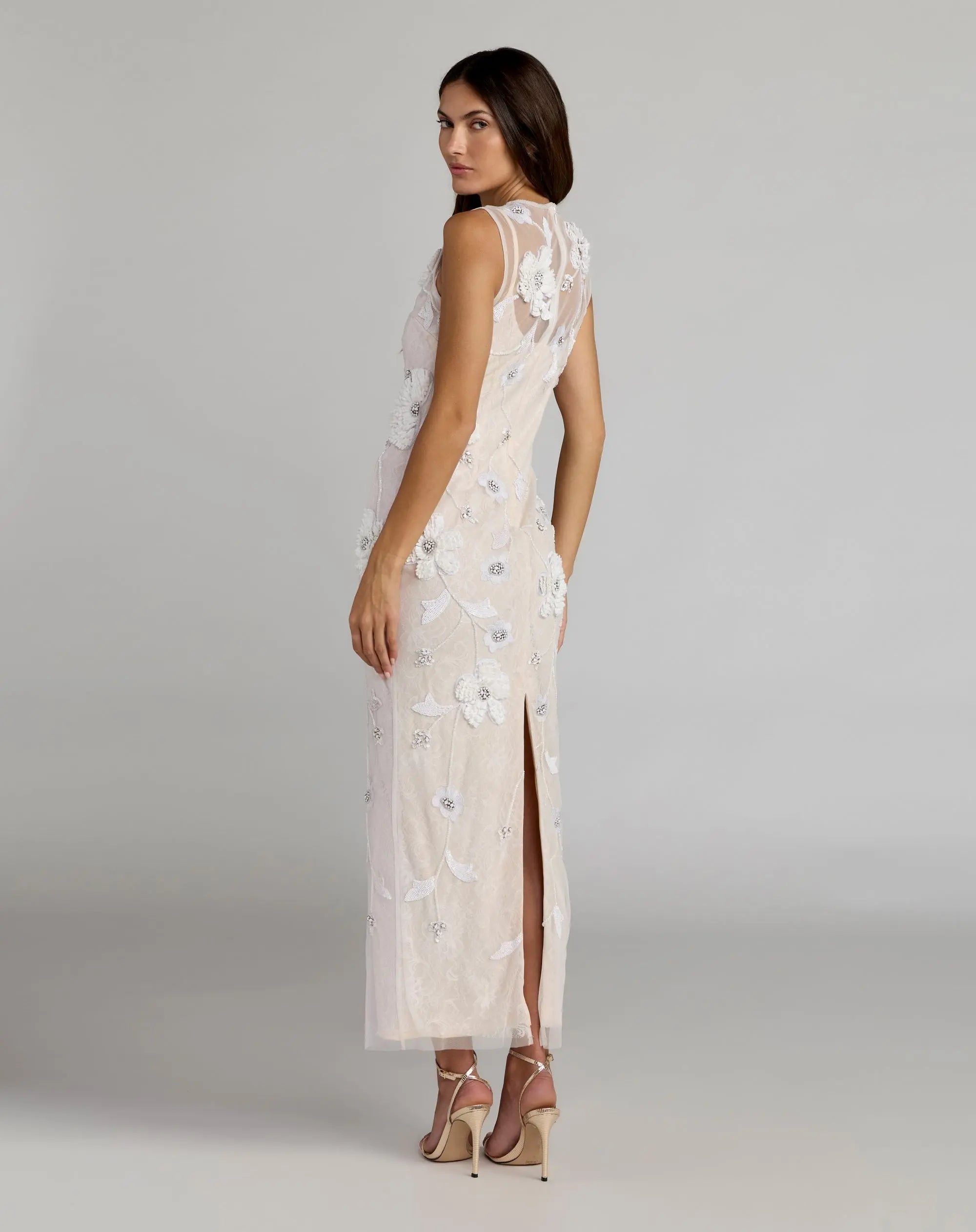 White Sleeveless Embellished Lace Column Dress