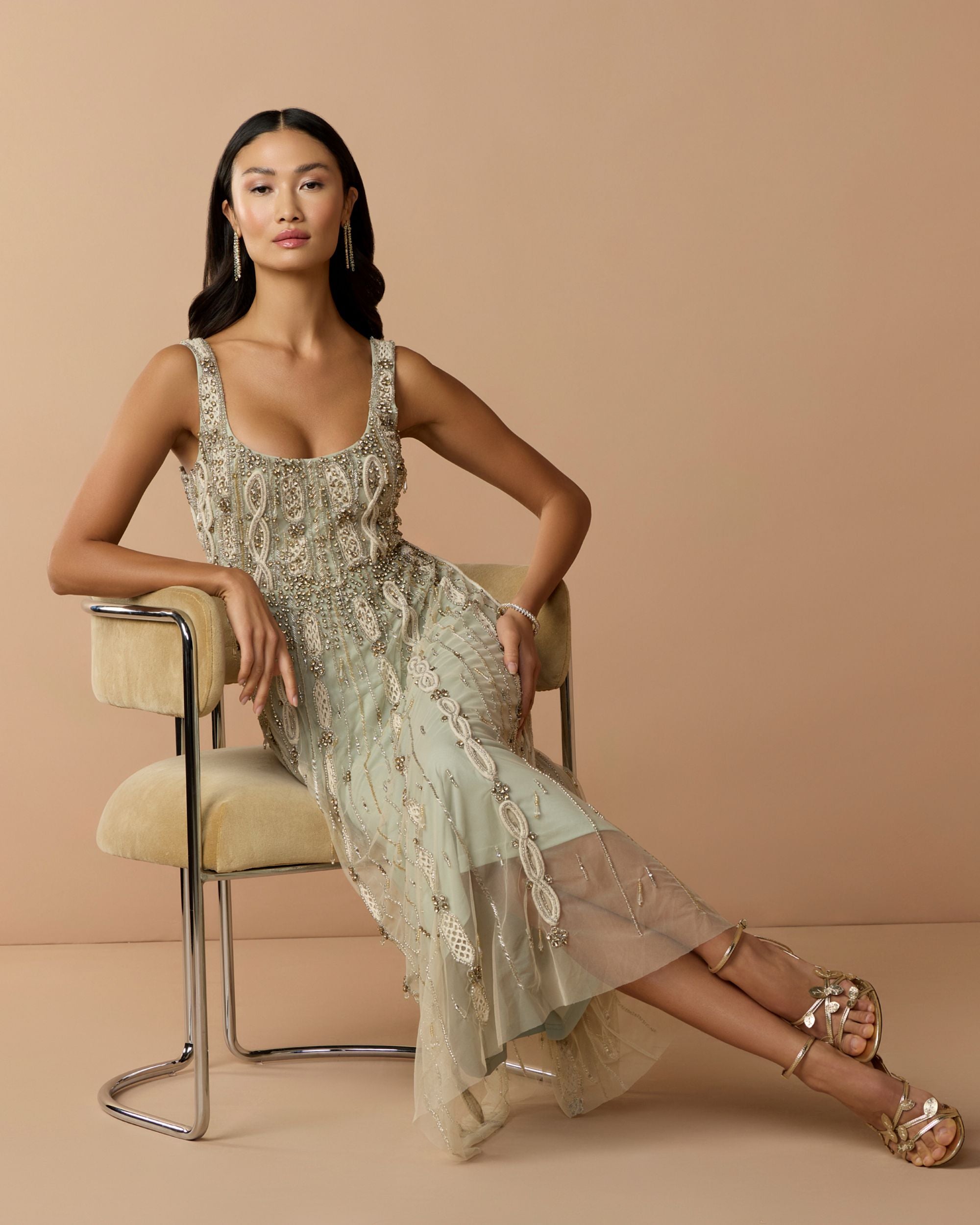 Sleeveless Scoop Neck Embellished Midi Dress