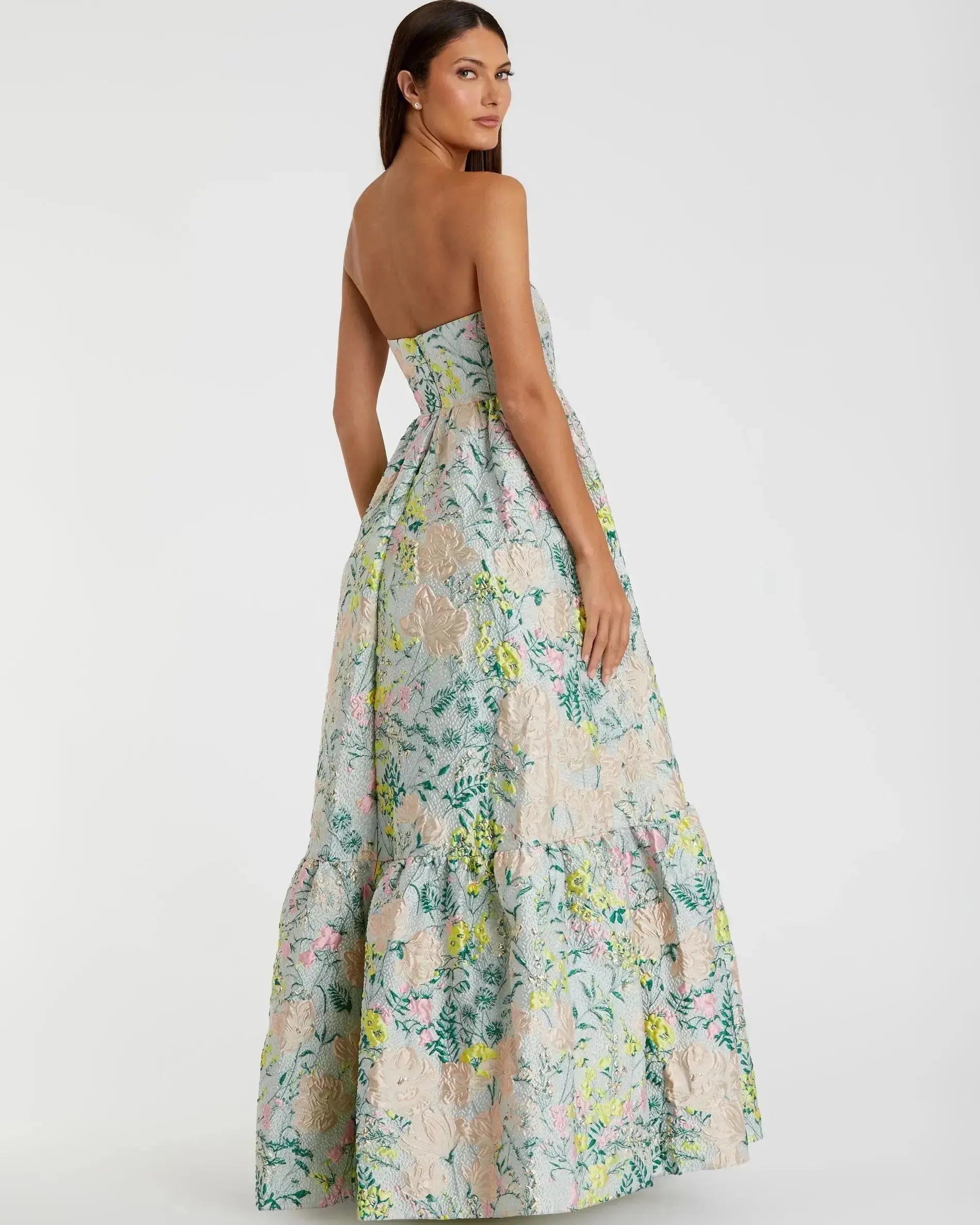 Strapless Floral Brocade A-Line Gown