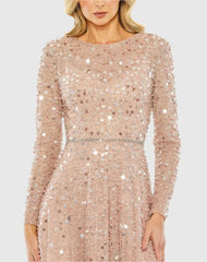 Petite Pink Disc Embellished Sequin Gown with Feather Detail