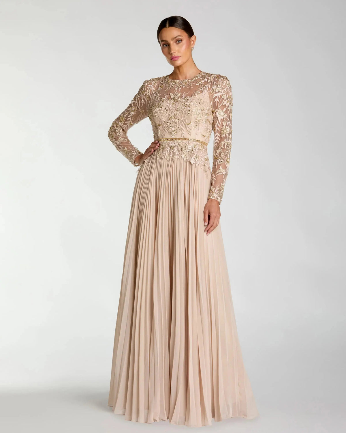 Petite Beige Long Sleeve Chiffon Embellished Gown