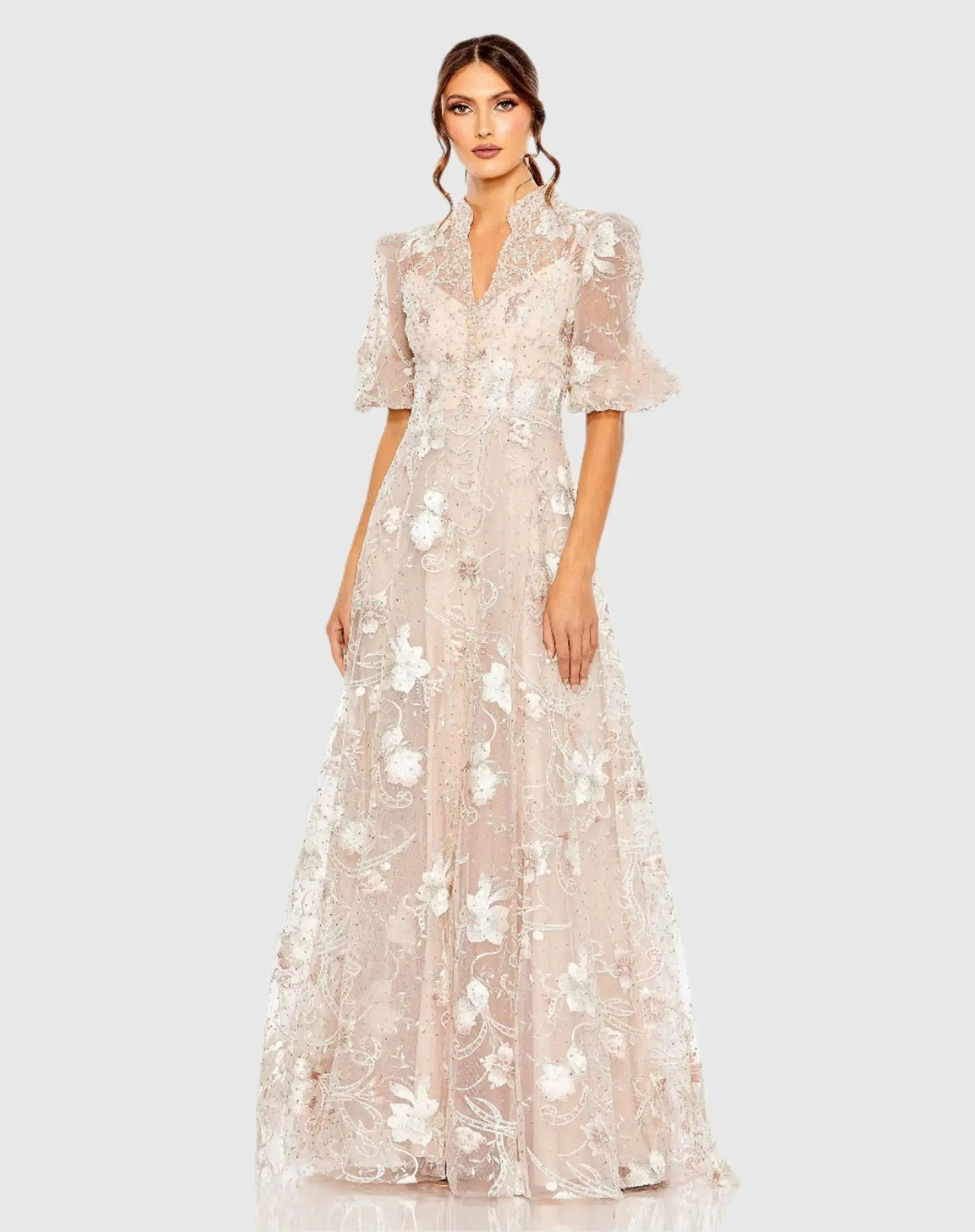 Petite Pink Queen Anne Puff Sleeve A-Line Gown