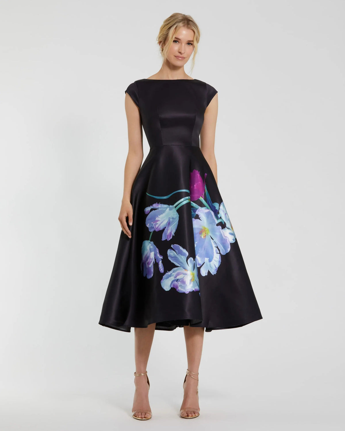 Satin Cap Sleeve Midi Dress With Floral Print