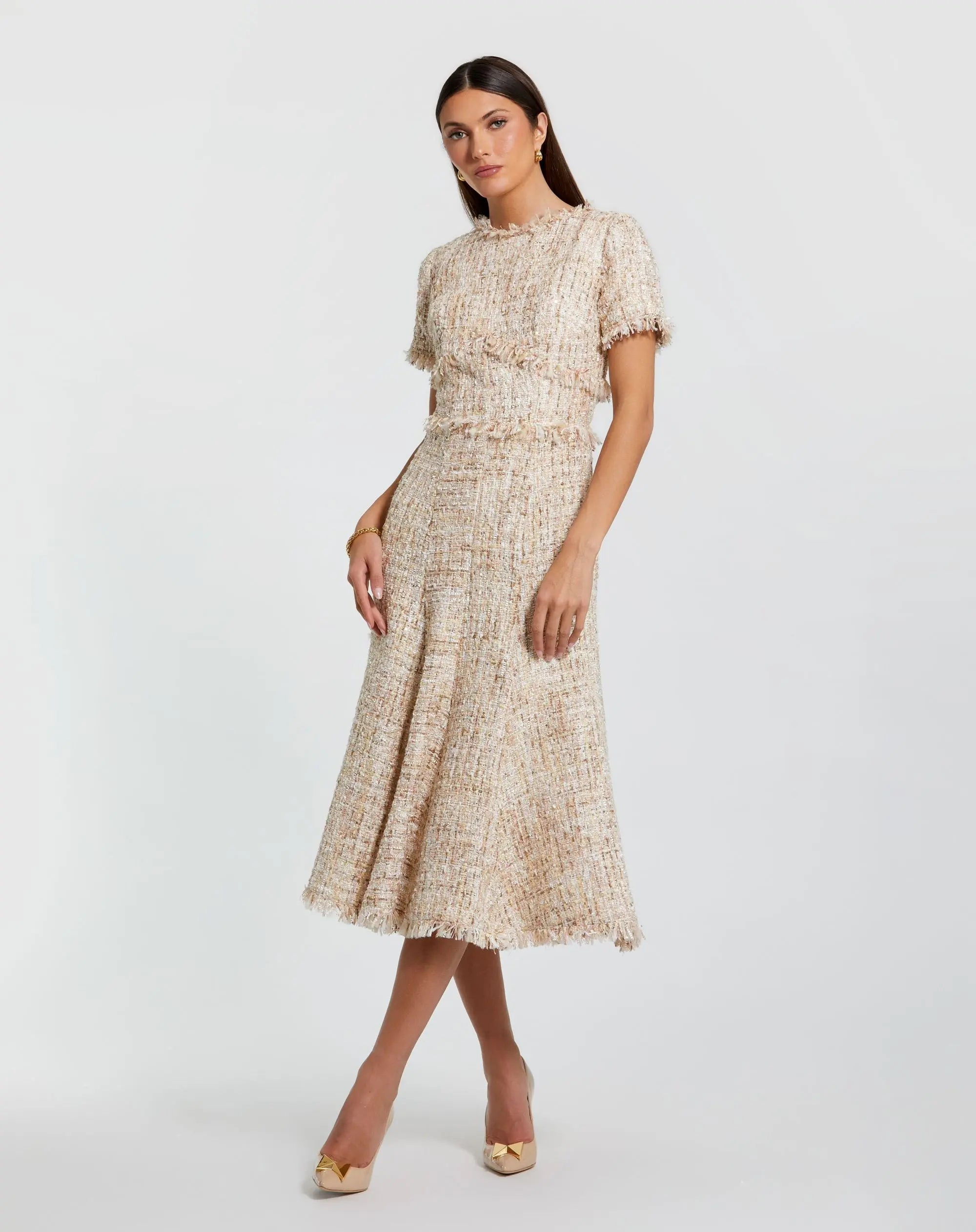 Beige Boucle Short Sleeve A Line Midi Dress