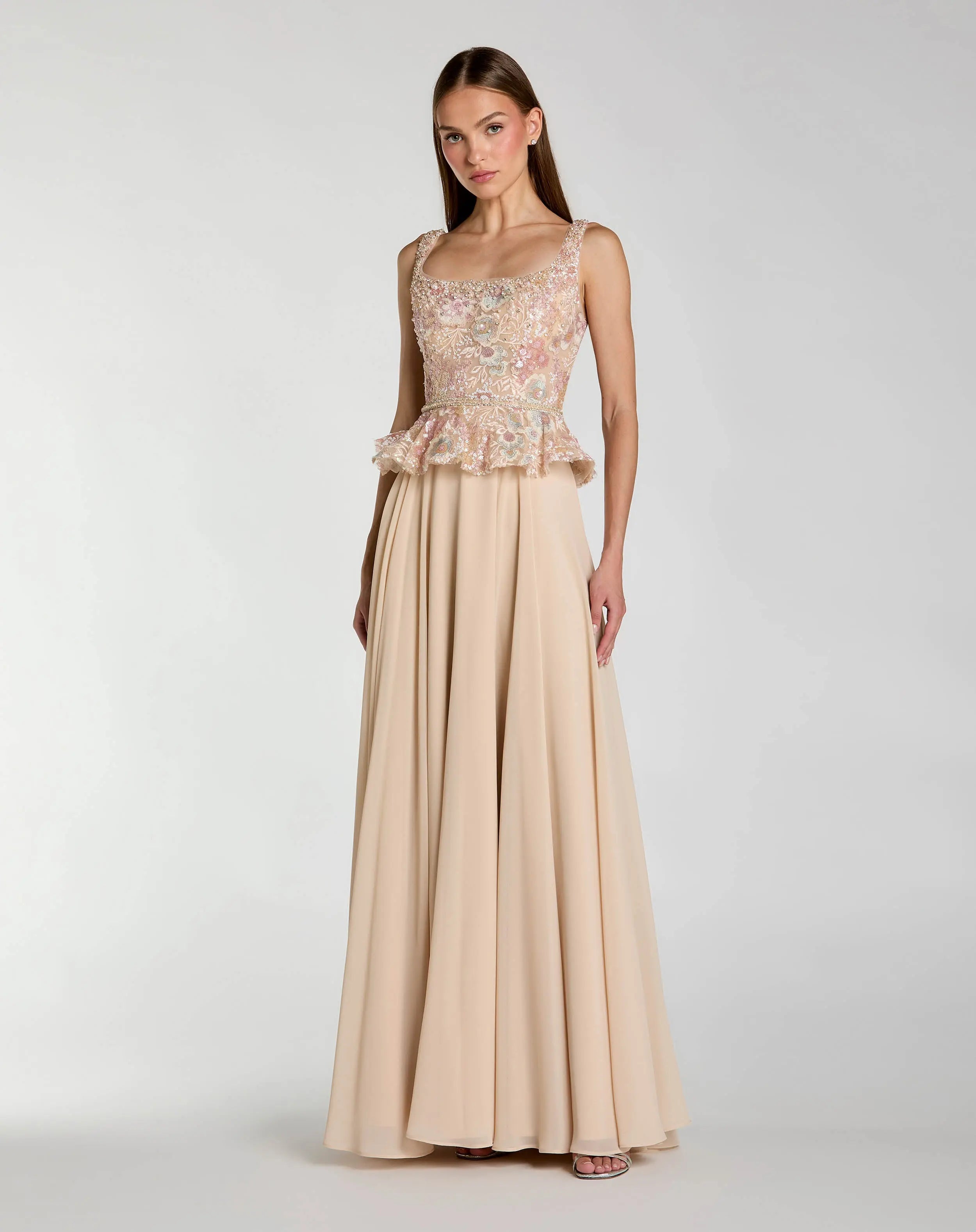 Embroidered Peplum Top With Chiffon Skirt Gown