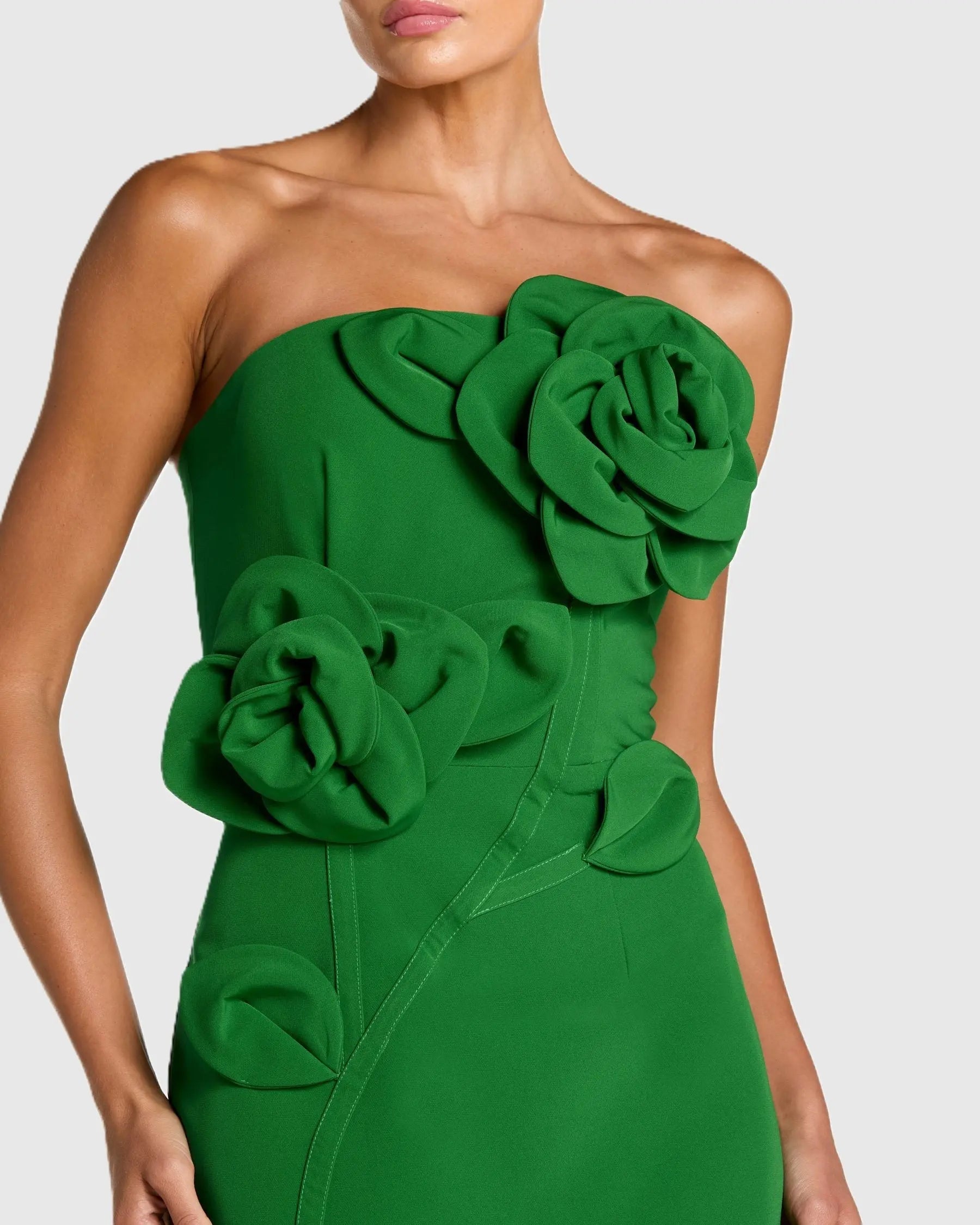 Petite Green Strapless Crepe Dress With 3D Flower Detail