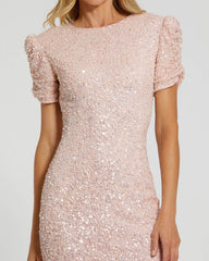 Petite Pink Gathered Short Sleeve Embellished Gown