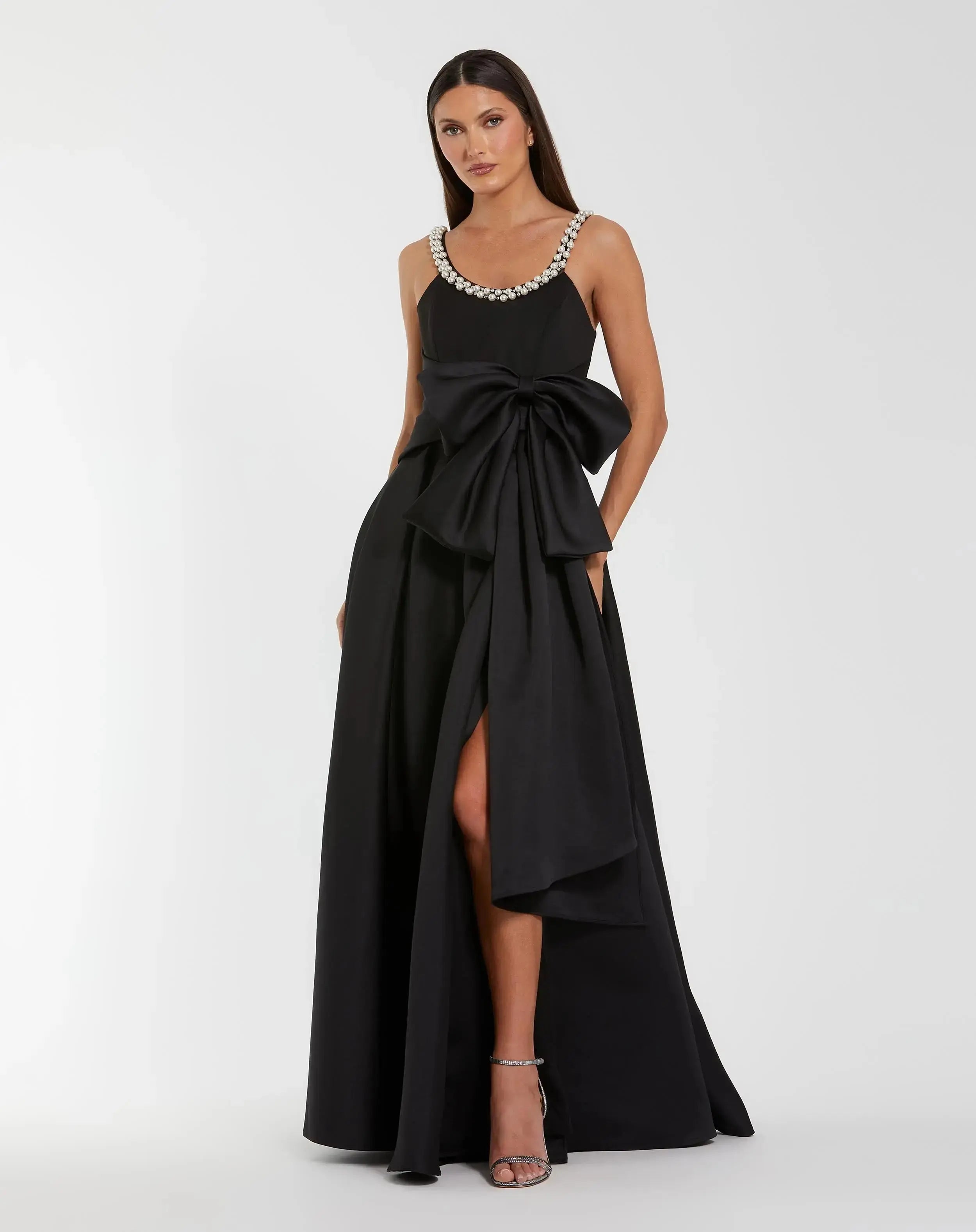 Satin Gown With Pearl Neckline and Bow Detail