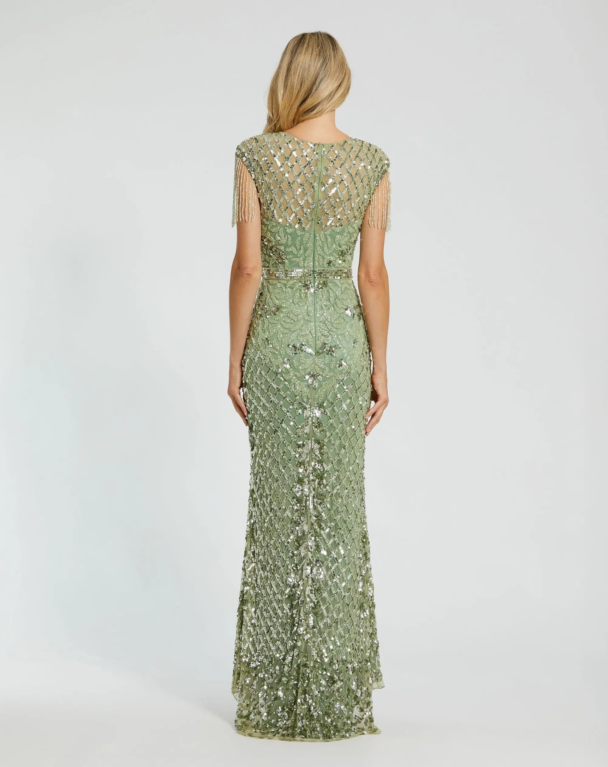 Petite Green High Neck Beaded Fringe Fitted Gown