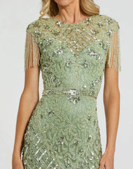 Petite Green High Neck Beaded Fringe Fitted Gown