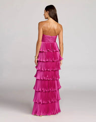 Petite Pink Pleated Charmeuse Strapless Tiered Ruffle Gown