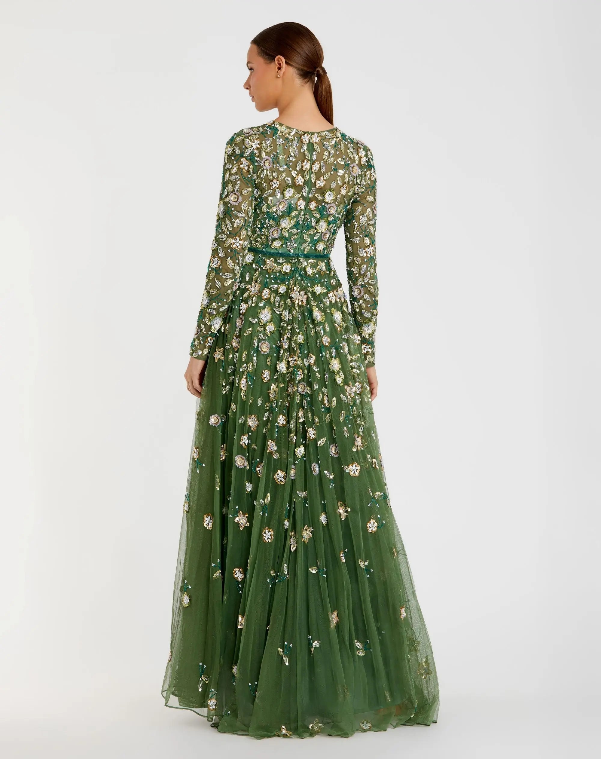 Petite Green Embellished High Neck Long Sleeve A Line Gown