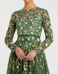 Petite Green Embellished High Neck Long Sleeve A Line Gown