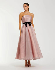 Polka Dot Organza Strapless Midi Dress With Velvet Bow