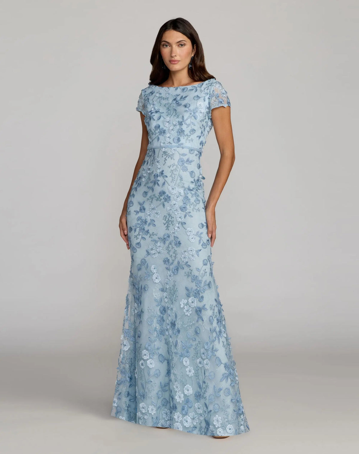 Petite Blue Floral Applique Boat Neck Cap Sleeve Gown